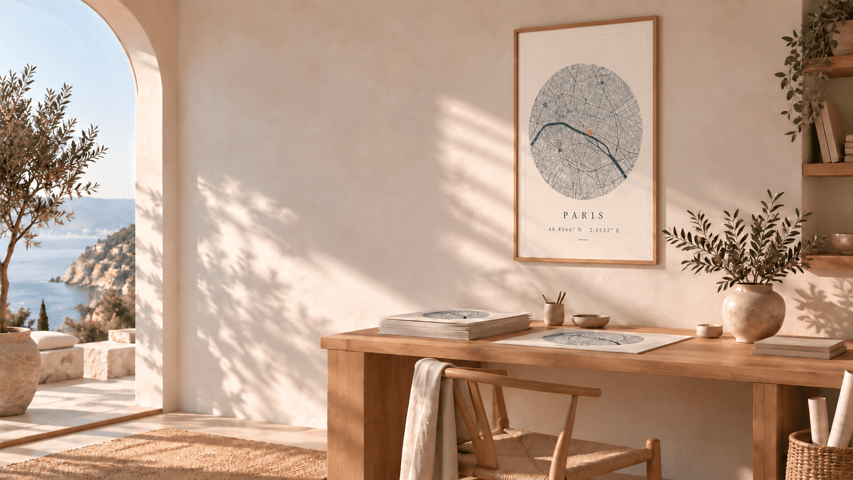 Estudio creativo con una lámina City Roads en formato 50 por 70 enmarcada