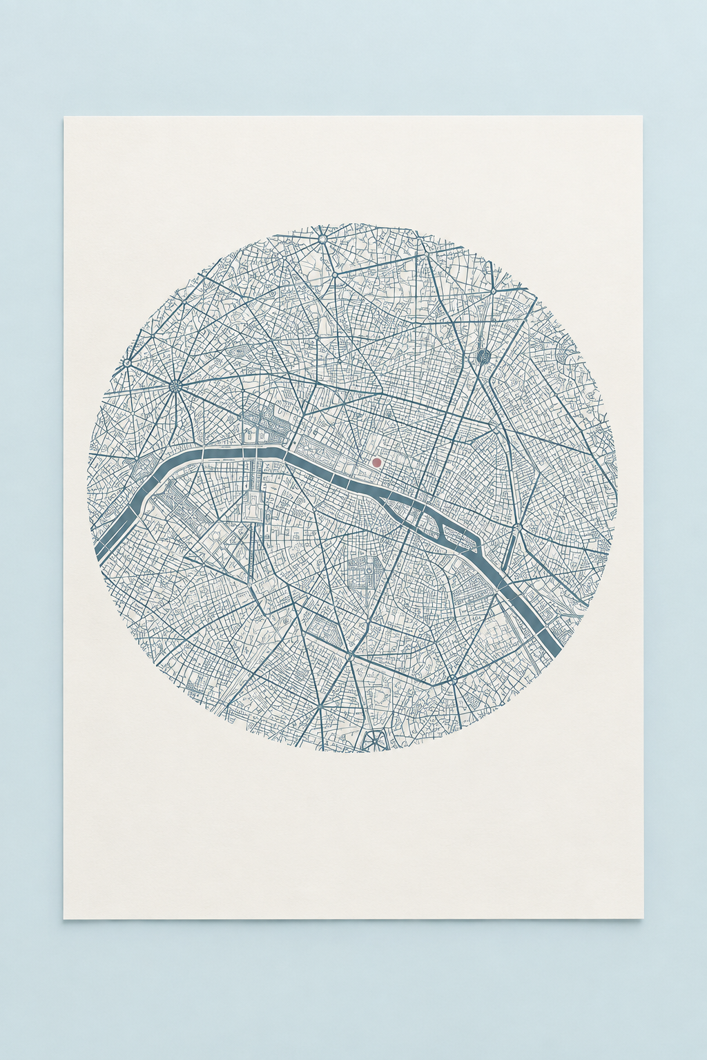 Lámina de mapa de una ciudad con carreteras y un punto especial